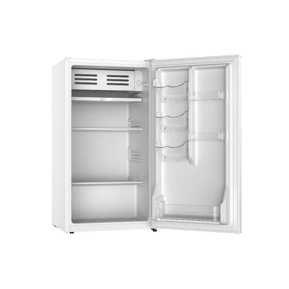 TCL 18 in. 3.1 Cu. Ft. Compact Single Door Mini Fridge in White (TRM31S4AW) with open door on a white background
