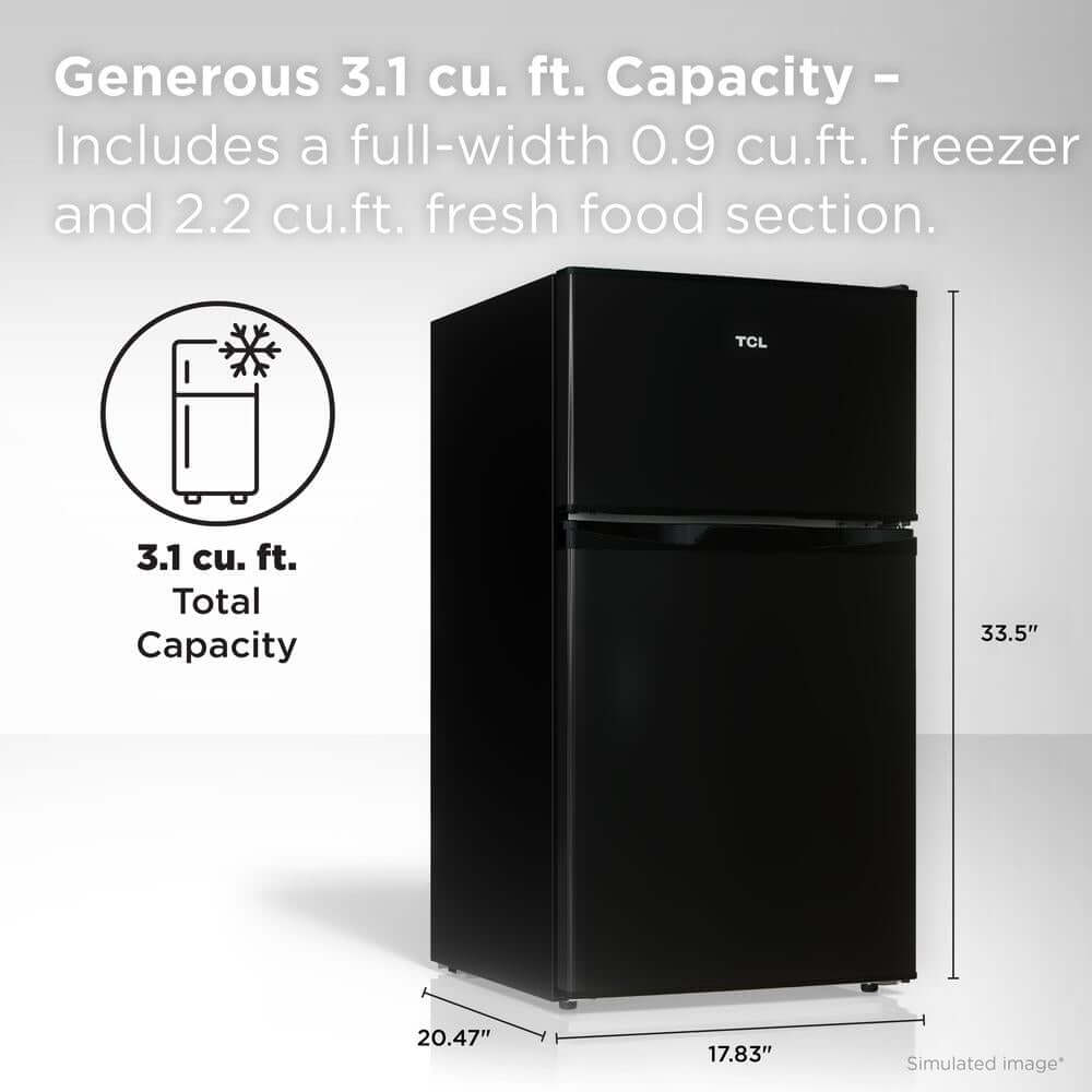 TCL 18 in. 3.1 Cu. Ft. Compact Top Freezer Mini Fridge in Black (TRM31D4AB) capacity details, and dimensions on a white background