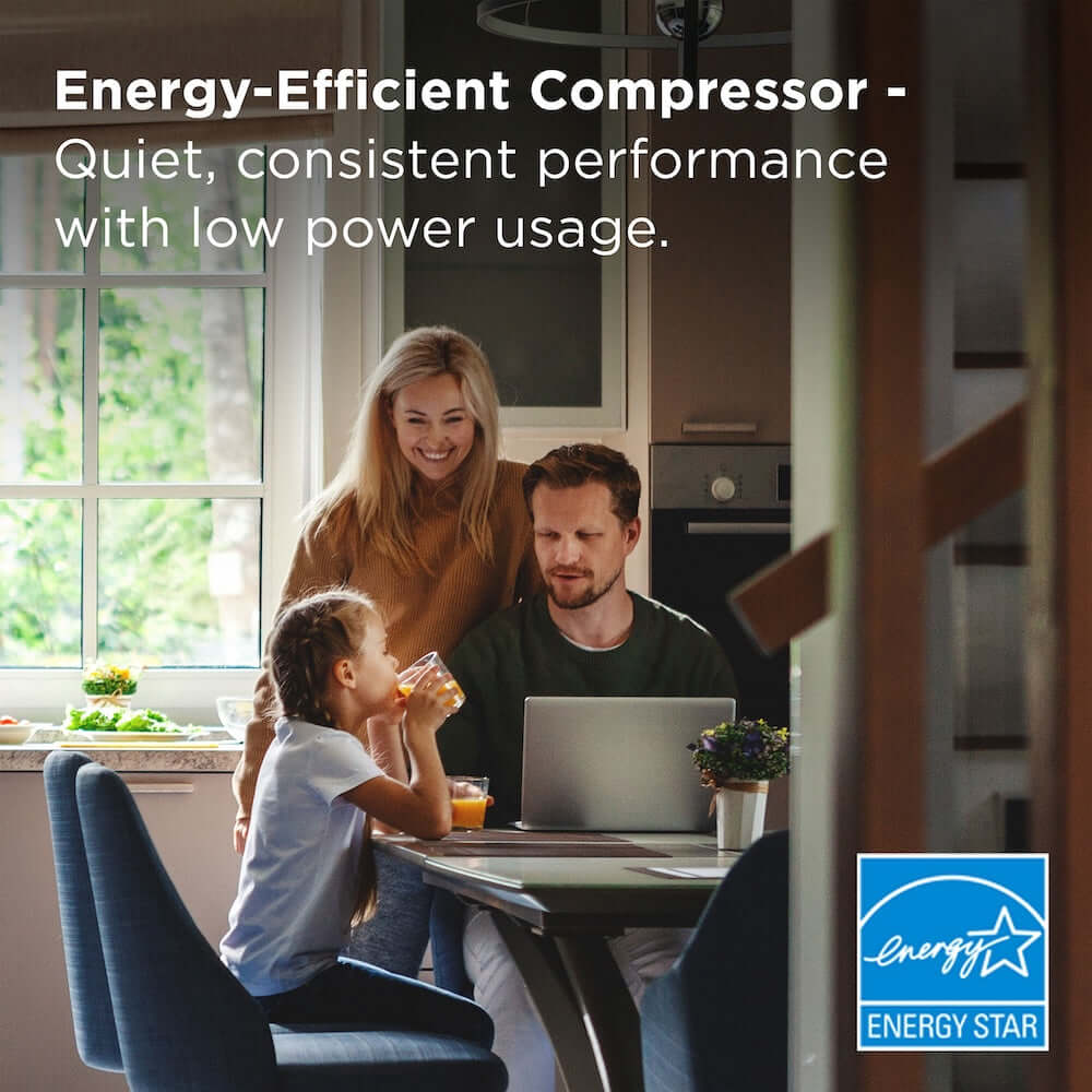 Family gathered around a table with a laptop, with text about energy-efficient compressor and Energy Star logo.