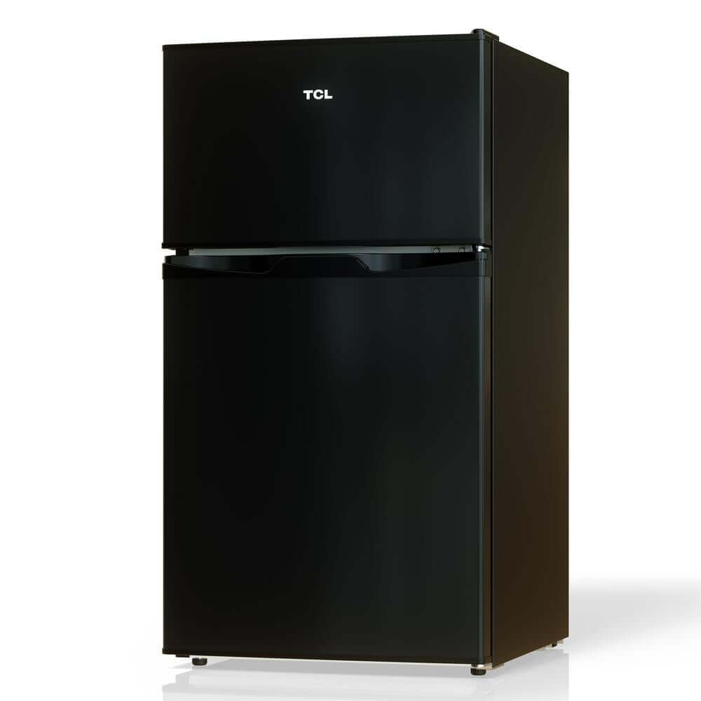 TCL 18 in. 3.1 Cu. Ft. Compact Top Freezer Mini Fridge in Black (TRM31D4AB) front, side.