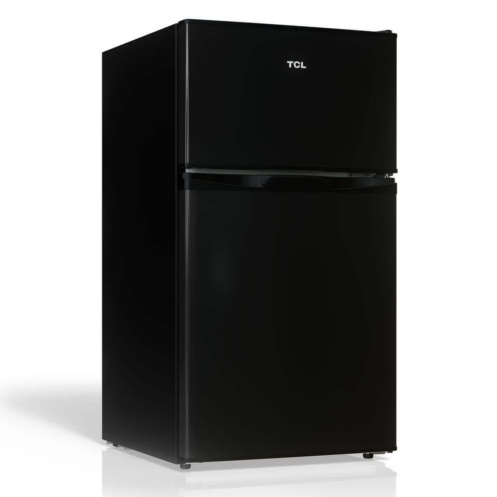 TCL 18 in. 3.1 Cu. Ft. Compact Top Freezer Mini Fridge in Black (TRM31D4AB) reverse side.