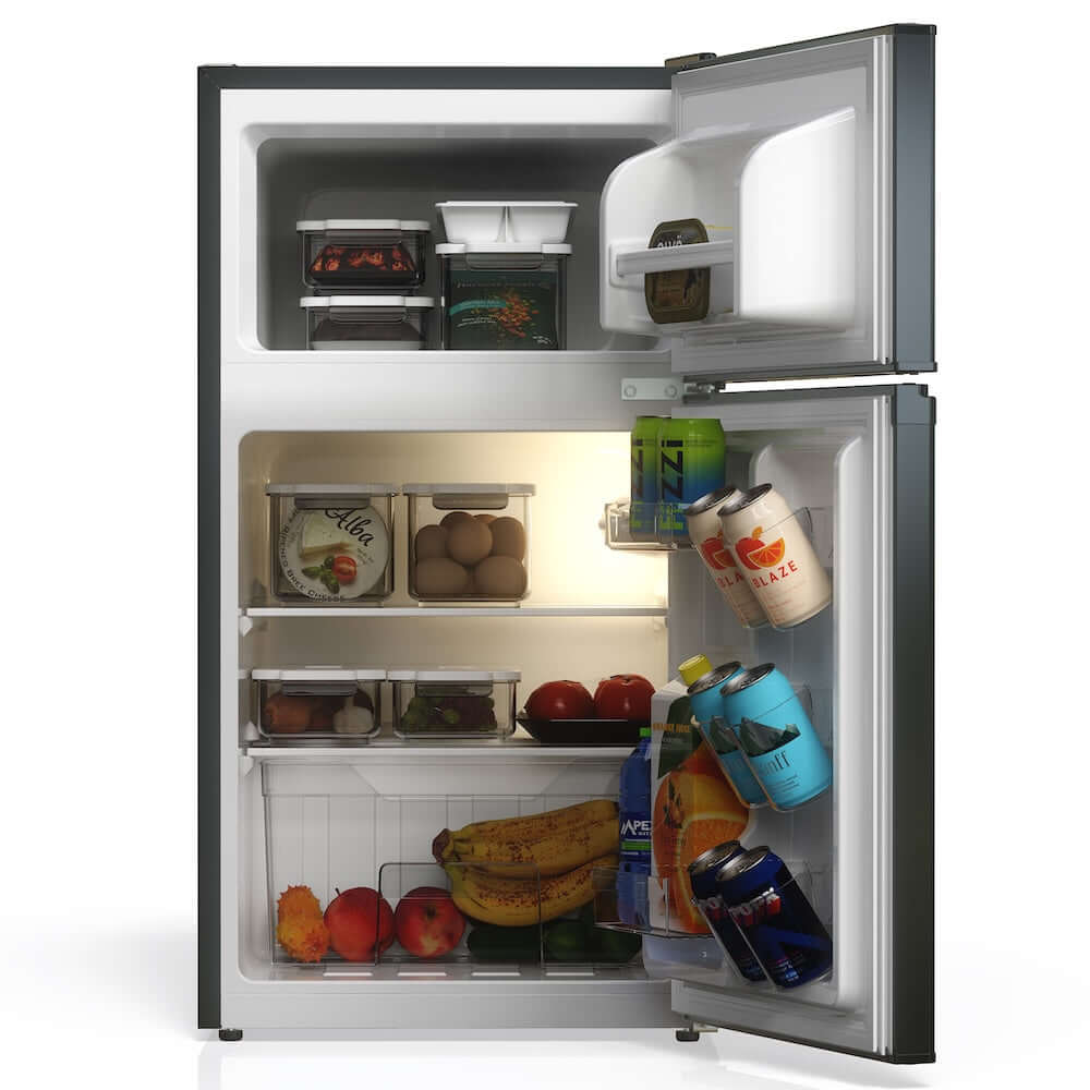 TCL 18 in. 3.1 Cu. Ft. Compact Top Freezer Mini Fridge in Black (TRM31D4AB) front, open, with food and drinks inside.