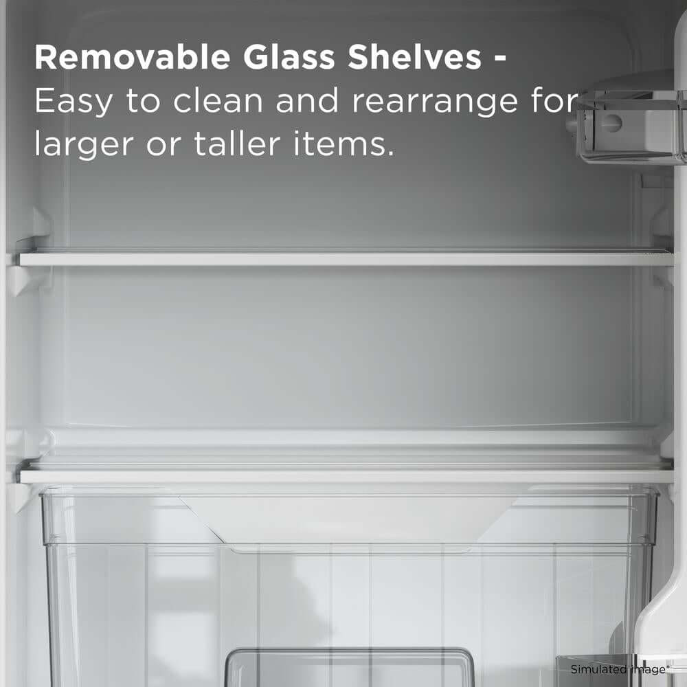 Removable glass shelves in a refrigerator with text indicating ease of cleaning and rearrangement.