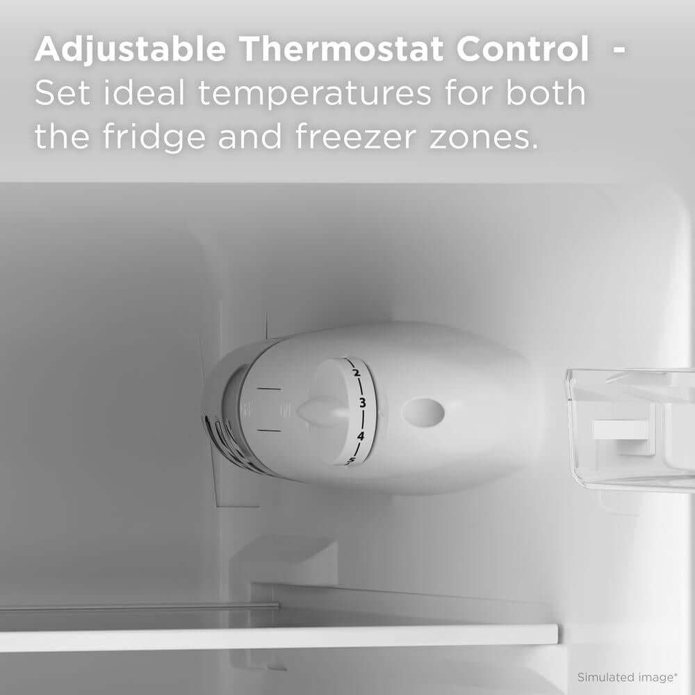 Adjustable thermostat control for a refrigerator with text indicating it sets ideal temperatures for both fridge and freezer zones.