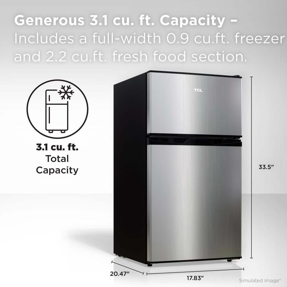 TCL 18 in. 3.1 Cu. Ft. Compact Top Freezer Mini Fridge in Silver (TRM31D4AV) with capacity details on a white background