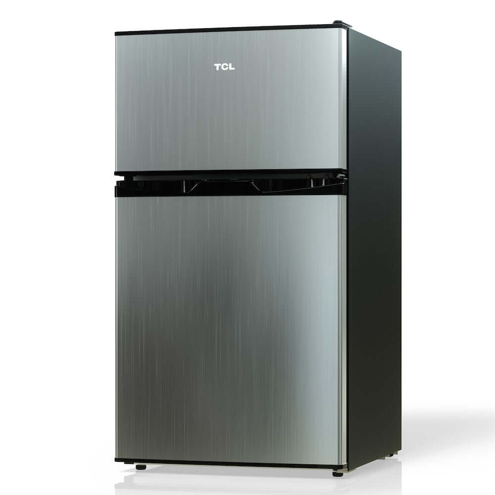 TCL 18 in. 3.1 Cu. Ft. Compact Top Freezer Mini Fridge in Silver (TRM31D4AV) front, side.