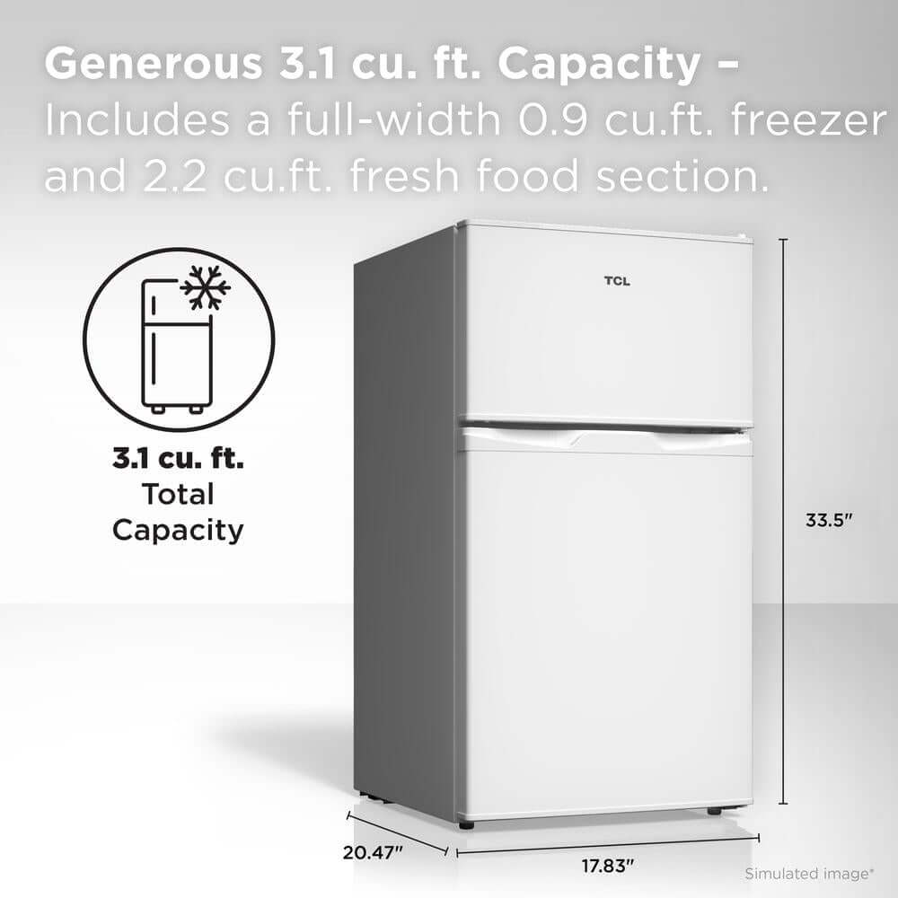 TCL 18 in. 3.1 Cu. Ft. Compact Top Freezer Mini Fridge in White (TRM31D4AW) with capacity details on a white background