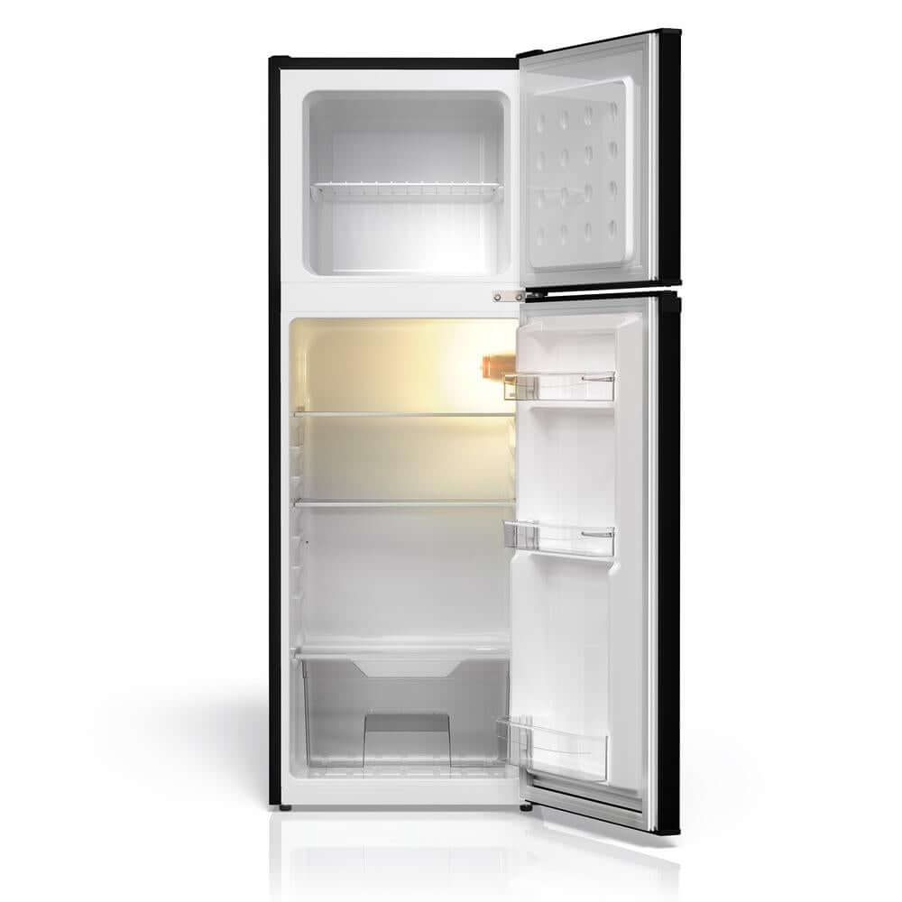 TCL 18 in. 4.7 Cu. Ft. Compact Top Freezer Mini Fridge in Black (TRM47D5AB) with open doors on a white background