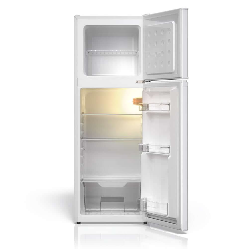 TCL 18 in. 4.7 Cu. Ft. Compact Top Freezer Mini Fridge in White (TRM47D5AW) with open doors and light on, on a white background