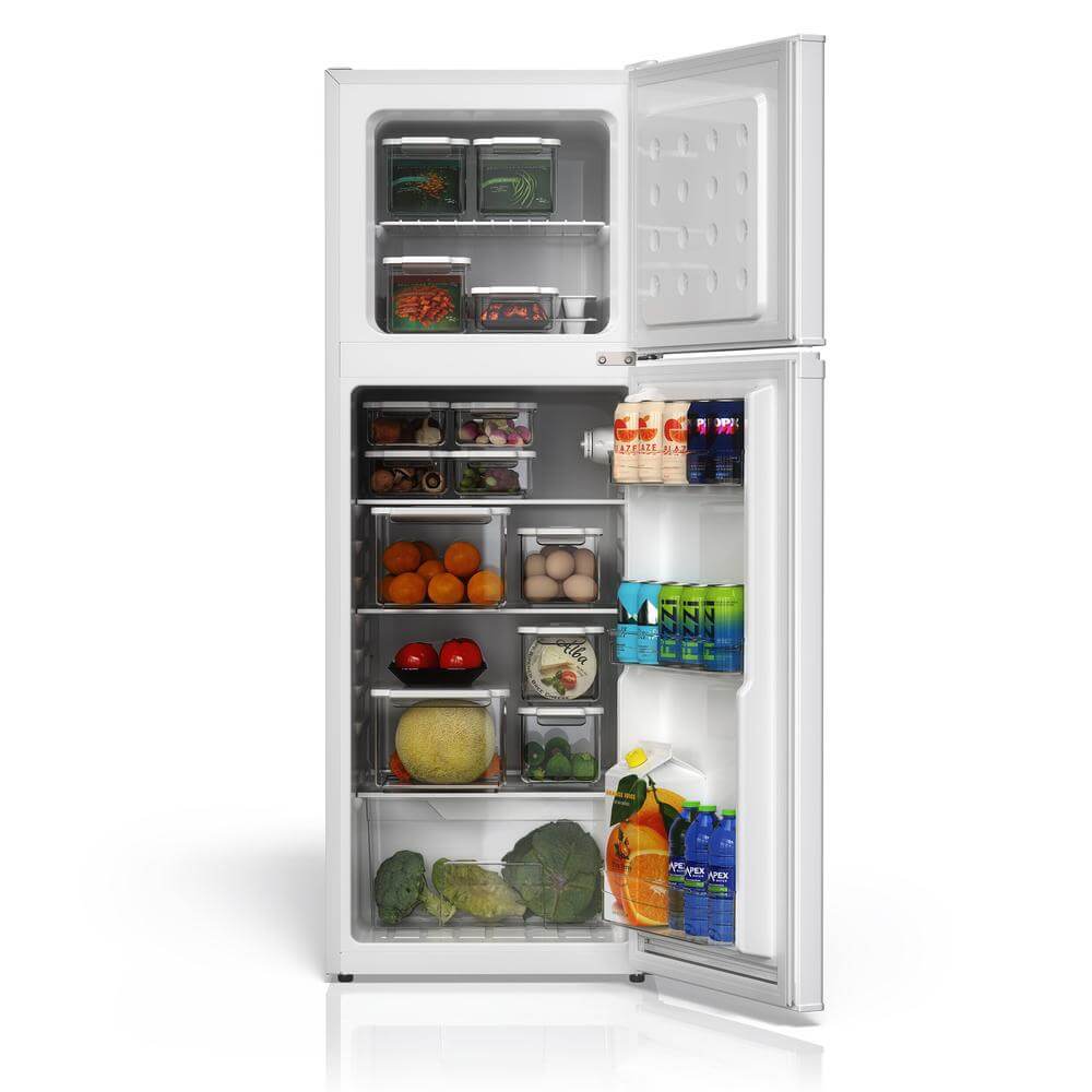 TCL 18 in. 4.7 Cu. Ft. Compact Top Freezer Mini Fridge in White (TRM47D5AW) with open doors displaying various food items on a white background