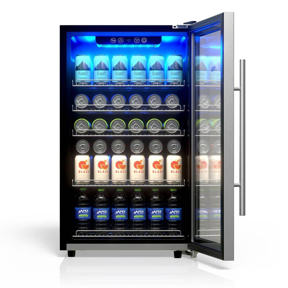 TCL 20 in. 132 Can 4.24 Cu. Ft. Beverage Cooler with Stainless Steel Glass Door (TRV132FAS) front, open, with drinks on a white background