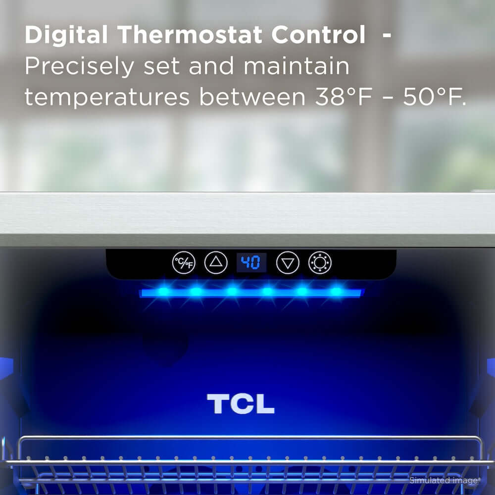 TCL 20 in. 132 Can 4.24 Cu. Ft. Beverage Cooler with Stainless Steel Glass Door (TRV132FAS) with digital thermostat control display