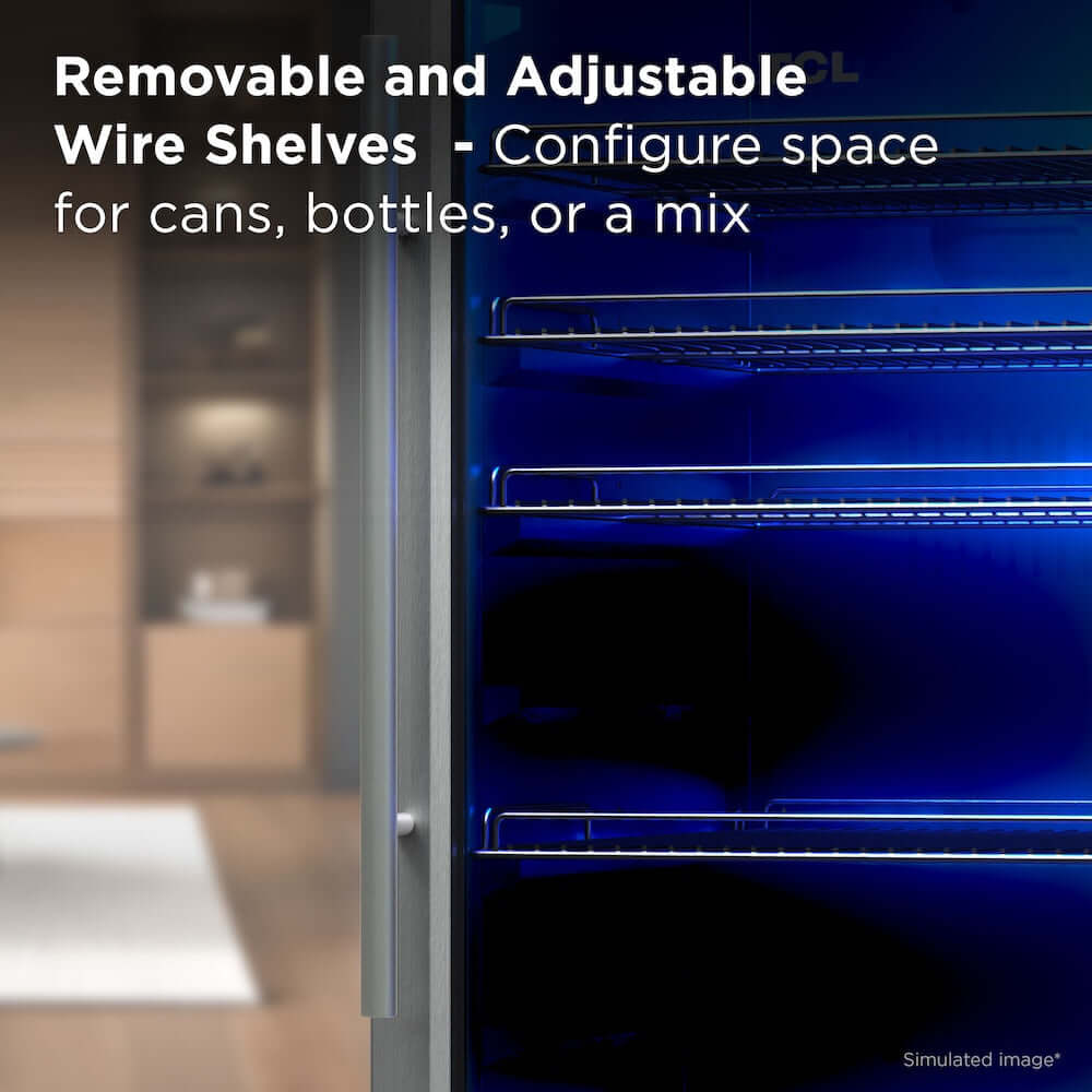 TCL 20 in. 132 Can 4.24 Cu. Ft. Beverage Cooler with Stainless Steel Glass Door (TRV132FAS) with adjustable wire shelves labeled 'Removable and Adjustable Wire Shelves - Configure space for cans, bottles, or a mix'.