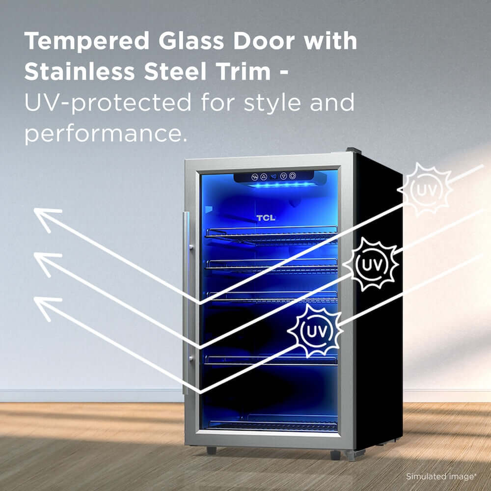 TCL 20 in. 132 Can 4.24 Cu. Ft. Beverage Cooler with Stainless Steel Glass Door (TRV132FAS) with tempered glass door and stainless steel trim, UV-protected feature highlighted.