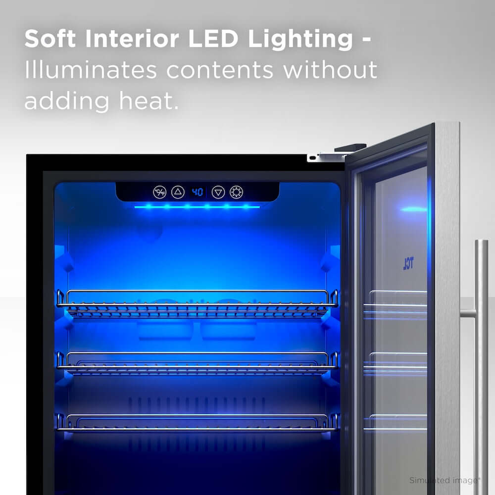 Open TCL 20 in. 132 Can 4.24 Cu. Ft. Beverage Cooler with Stainless Steel Glass Door (TRV132FAS) with blue interior lighting and text about soft indoor LED lighting.