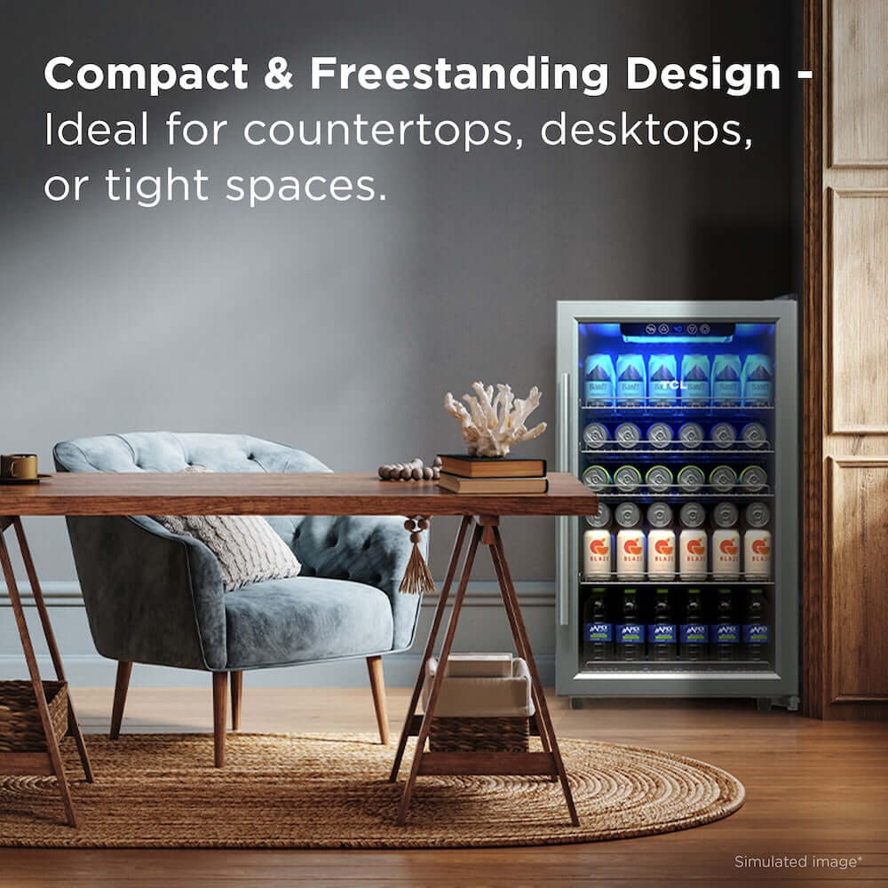TCL 20 in. 132 Can 4.24 Cu. Ft. Beverage Cooler with Stainless Steel Glass Door (TRV132FAS) in a modern living room setting with furniture and decor.