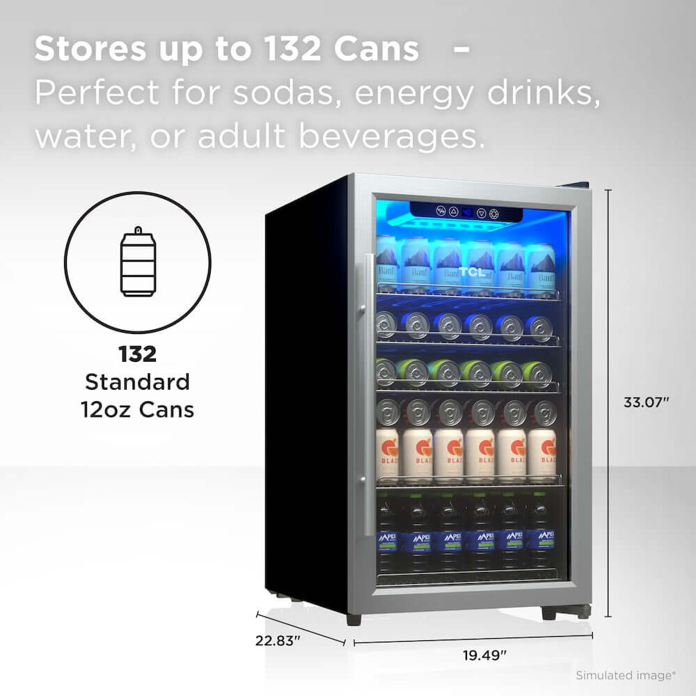 TCL 20 in. 132 Can 4.24 Cu. Ft. Beverage Cooler with Stainless Steel Glass Door (TRV132FAS) with drinks inside, text about capacity and uses.