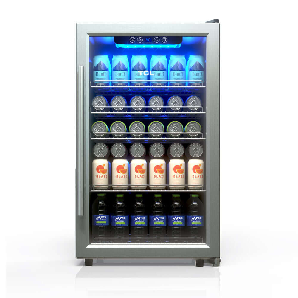 TCL 20 in. 132 Can 4.24 Cu. Ft. Beverage Cooler with Stainless Steel Glass Door (TRV132FAS) with drinks on a white background