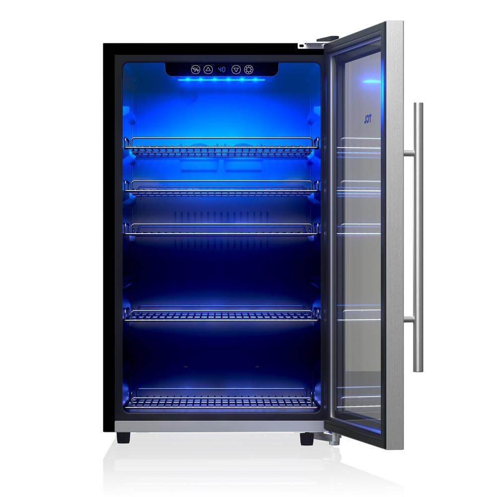 TCL 20 in. 132 Can 4.24 Cu. Ft. Beverage Cooler with Stainless Steel Glass Door (TRV132FAS) with open door on a white background