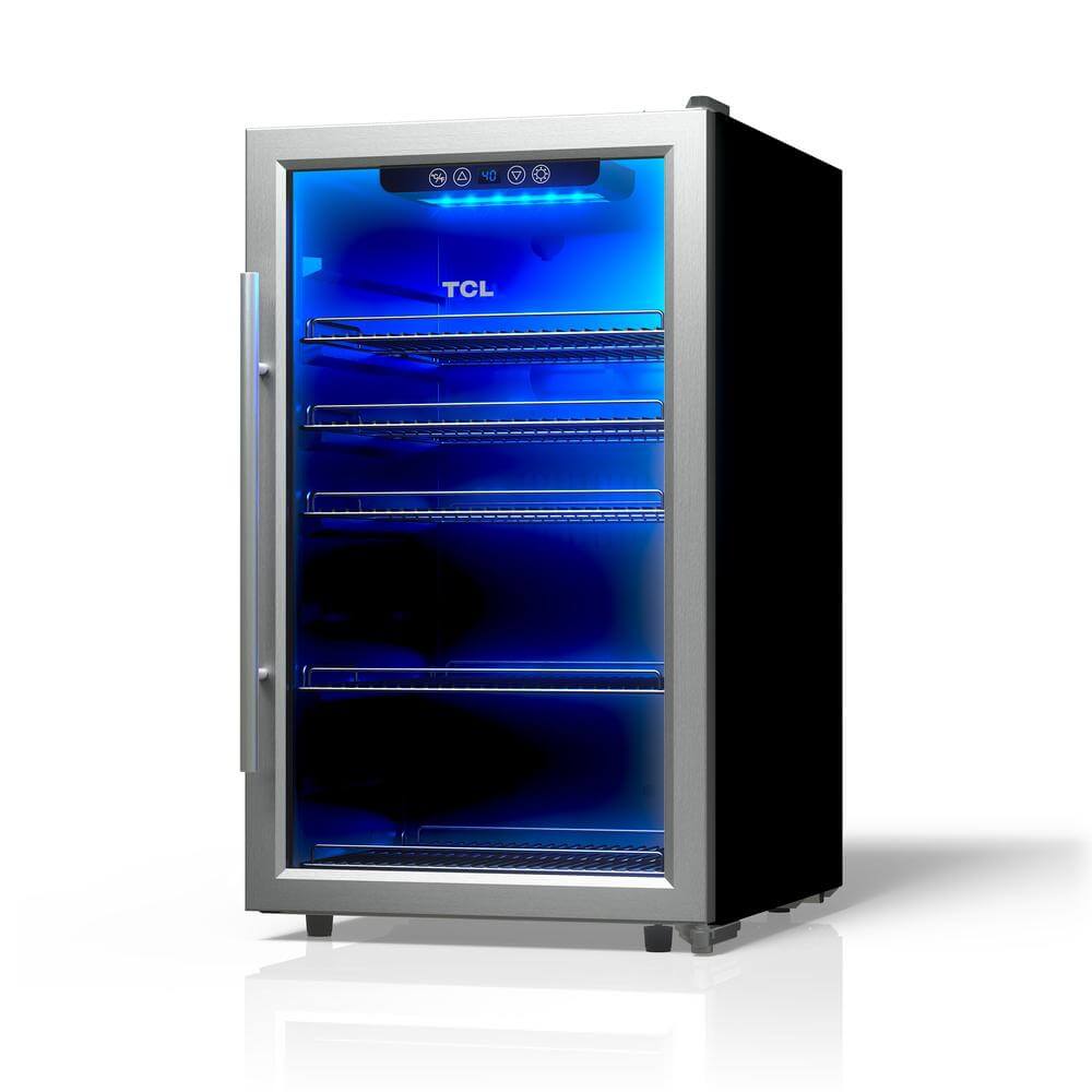 TCL 20 in. 132 Can 4.24 Cu. Ft. Beverage Cooler with Stainless Steel Glass Door (TRV132FAS) side.