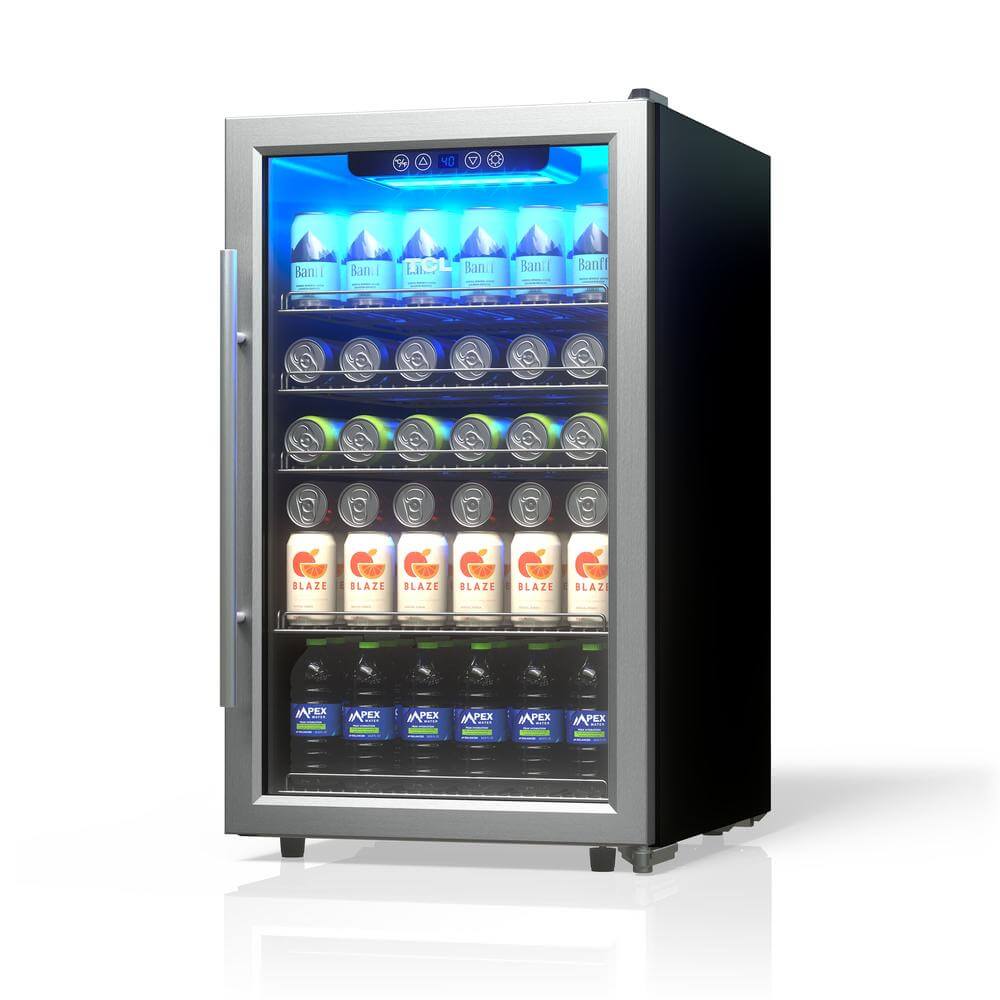 TCL 20 in. 132 Can 4.24 Cu. Ft. Beverage Cooler with Stainless Steel Glass Door (TRV132FAS) side, with drinks on a white background