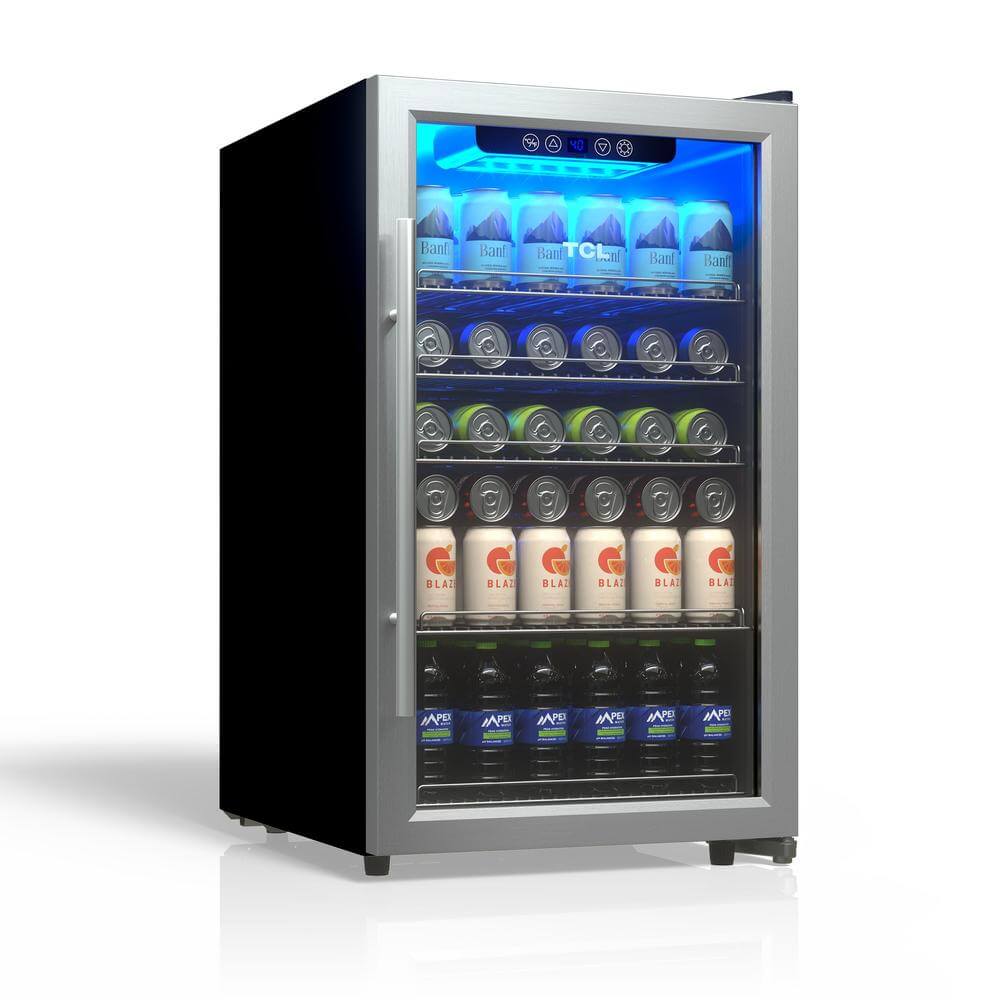 TCL 20 in. 132 Can 4.24 Cu. Ft. Beverage Cooler with Stainless Steel Glass Door (TRV132FAS) reverse side, with drinks on a white background