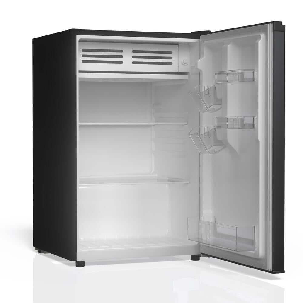 TCL 21 in. 4.5 Cu. Ft. Compact Single Door Mini Fridge in Black (TRM45S4AB) with open door on a white background
