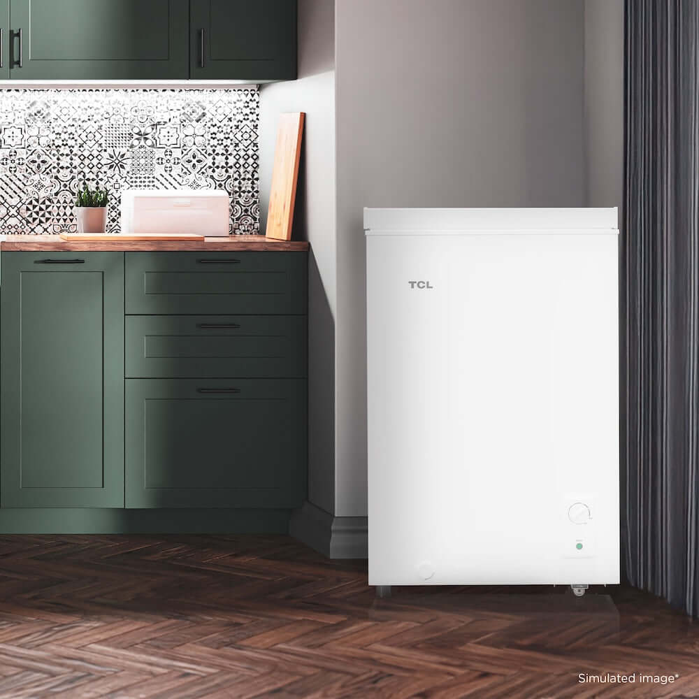 TCL 22 in. 3.4 Cu. Ft. Compact Freestanding Chest Freezer in White (TRC04M3AW) in a kitchen