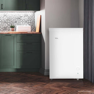 TCL 22 in. 3.4 Cu. Ft. Compact Freestanding Chest Freezer in White (TRC04M3AW) in a kitchen