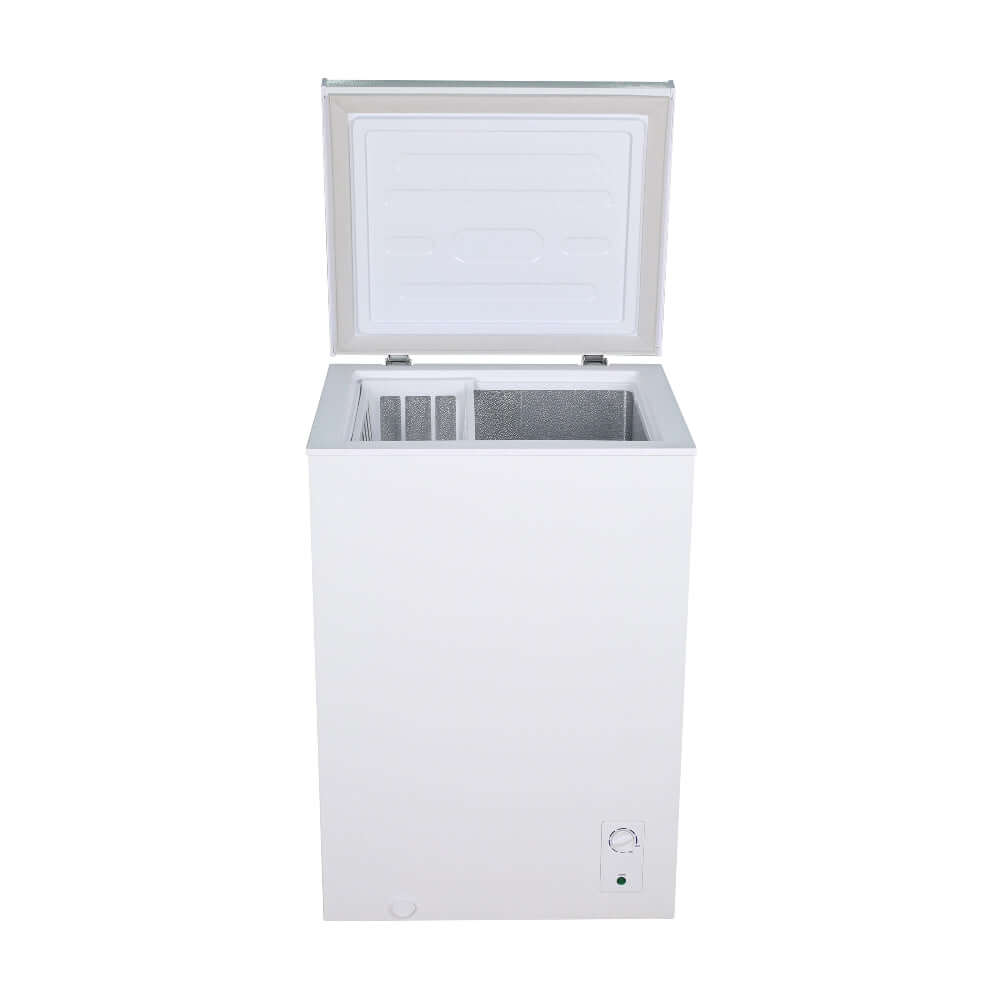 TCL 22 in. 3.4 Cu. Ft. Compact Freestanding Chest Freezer in White (TRC04M3AW) open.