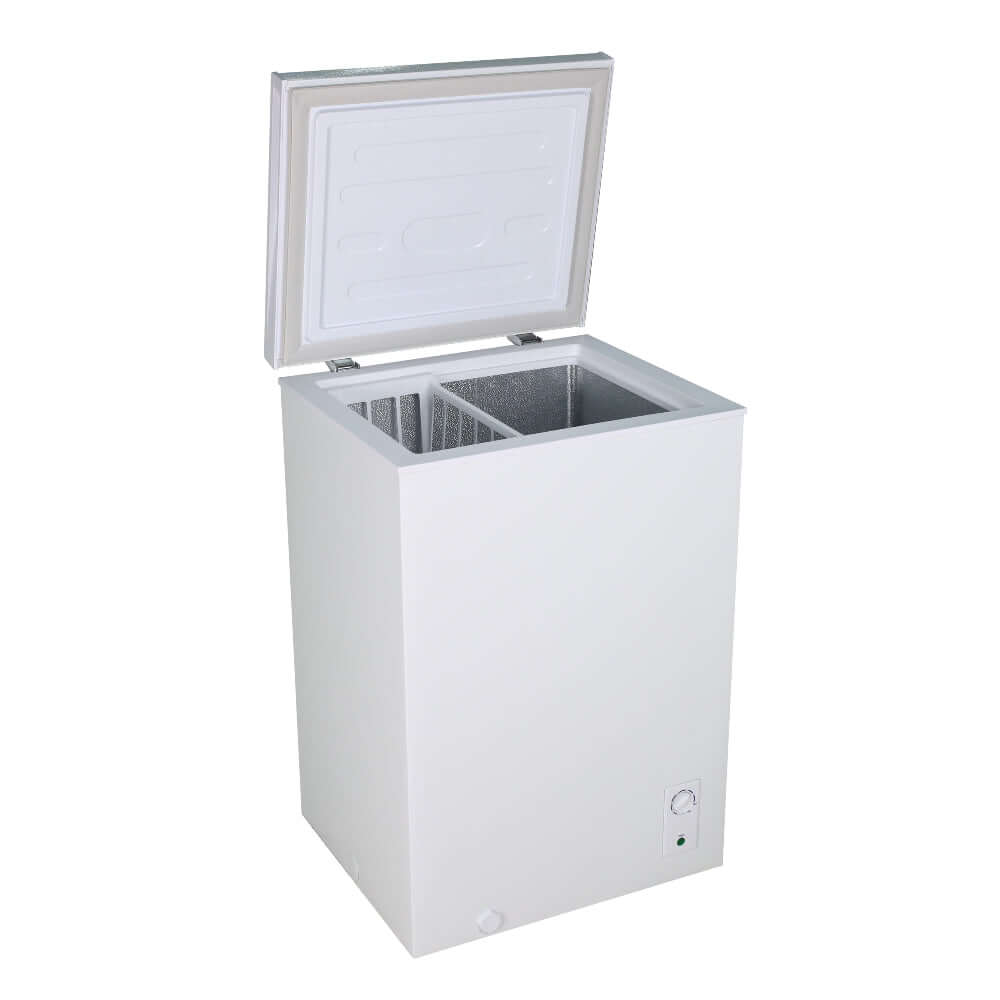 TCL 22 in. 3.4 Cu. Ft. Compact Freestanding Chest Freezer in White (TRC04M3AW) side, with open door on a white background