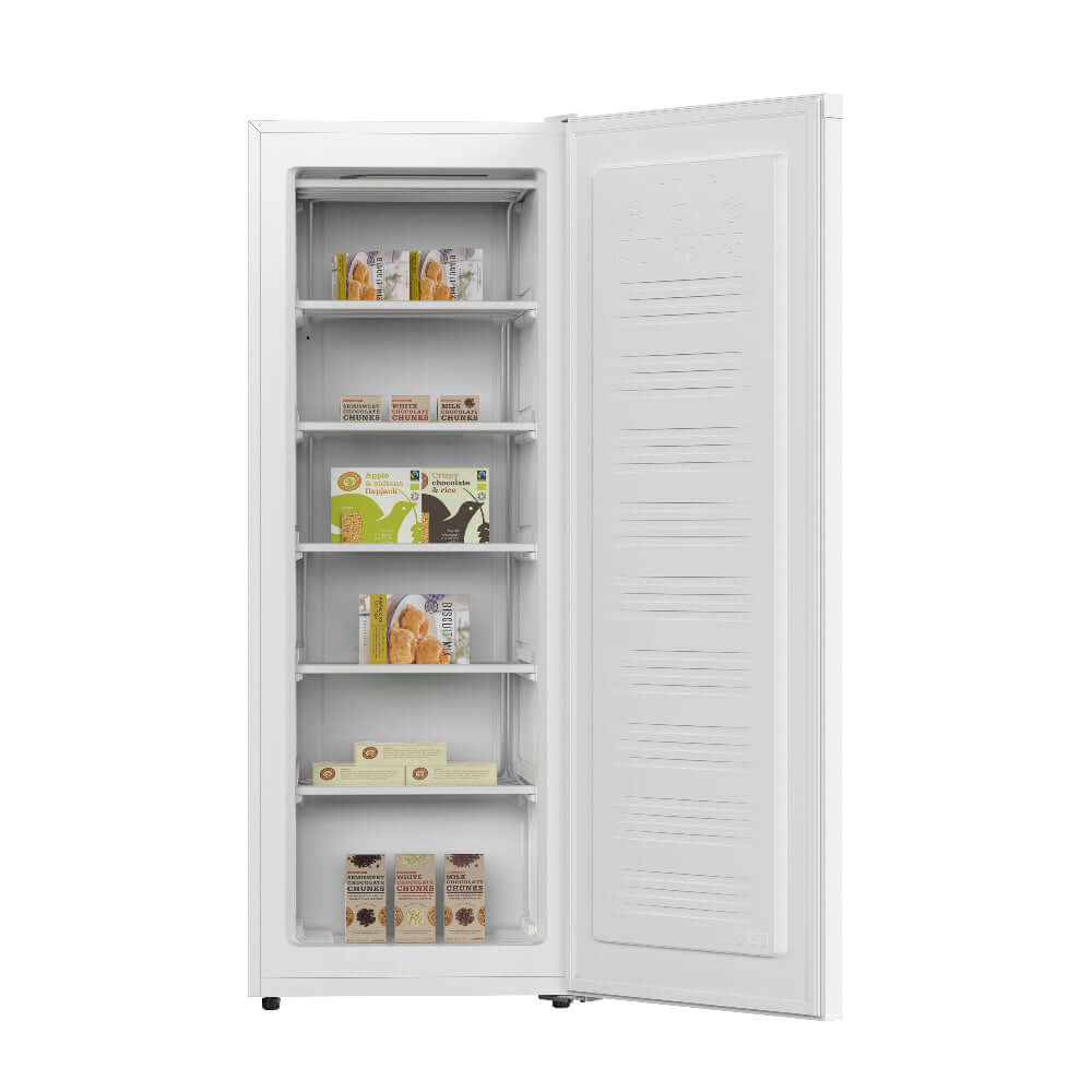 TCL 22 in. 5.6 Cu. Ft. Compact Freestanding Upright Freezer in White (TRU06M3AW) with open door displaying various items on shelves against a white background