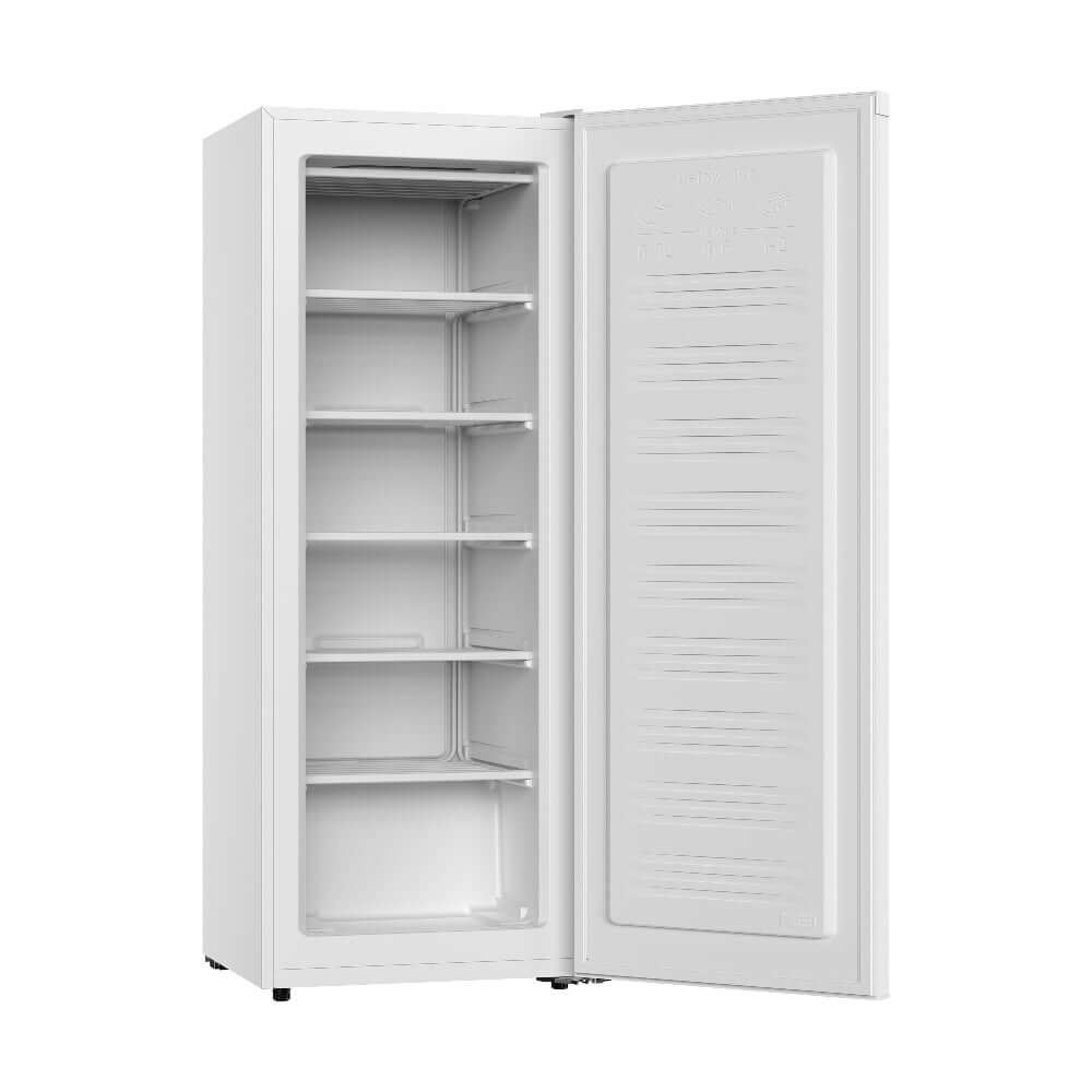 TCL 22 in. 5.6 Cu. Ft. Compact Freestanding Upright Freezer in White (TRU06M3AW) with door open on a white background