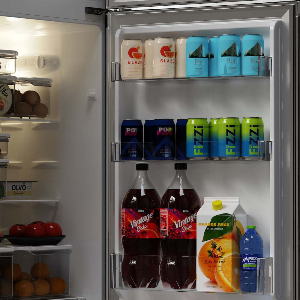 Open refrigerator with drinks and groceries on the shelves