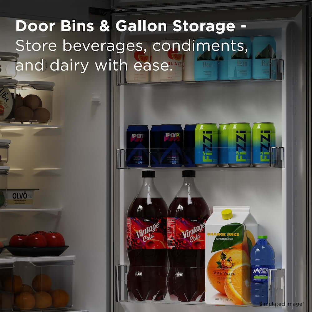 Refrigerator door with bins and gallon storage for beverages, condiments, and dairy.