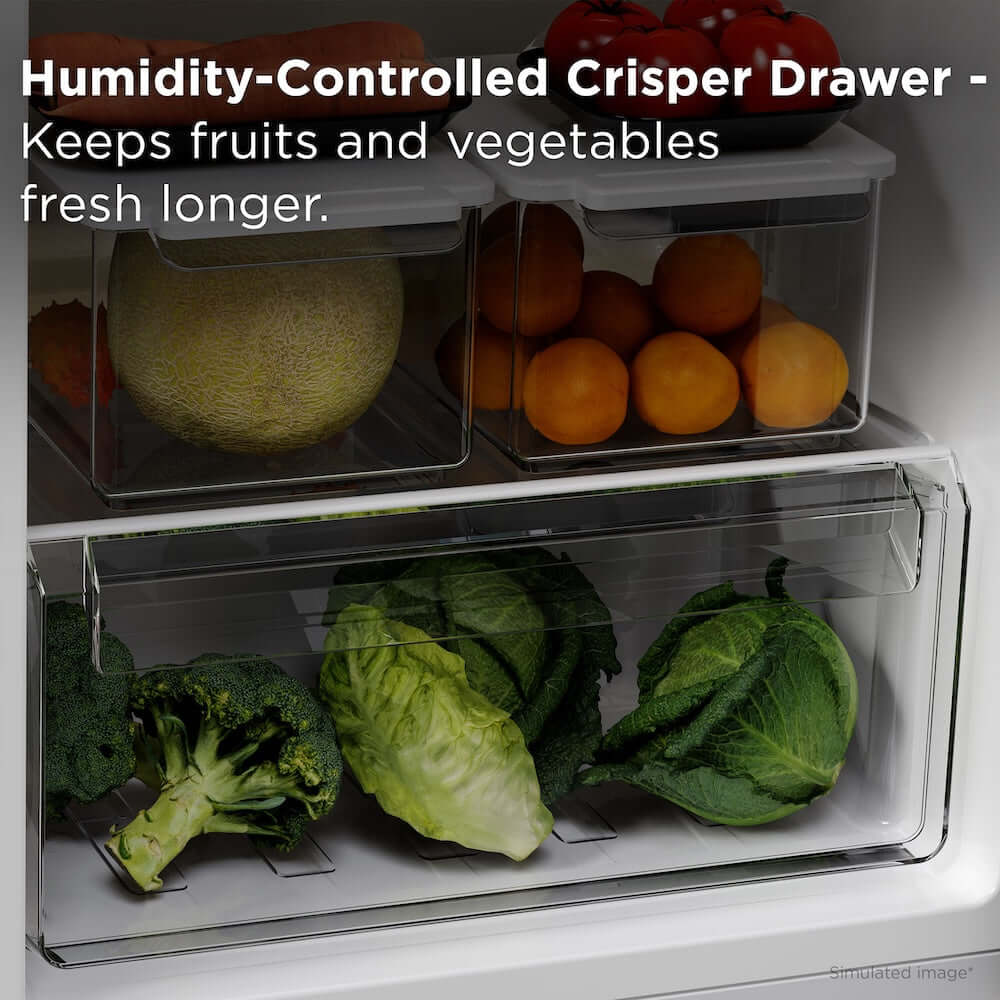 Humidty-controlled crisper drawer with fresh fruit and vegetables inside.