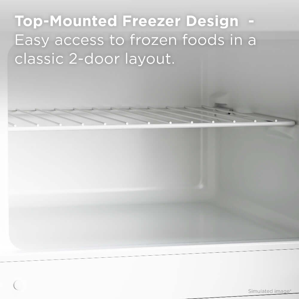 Empty freezer with a top-mounted freezer design and text explaining its features.