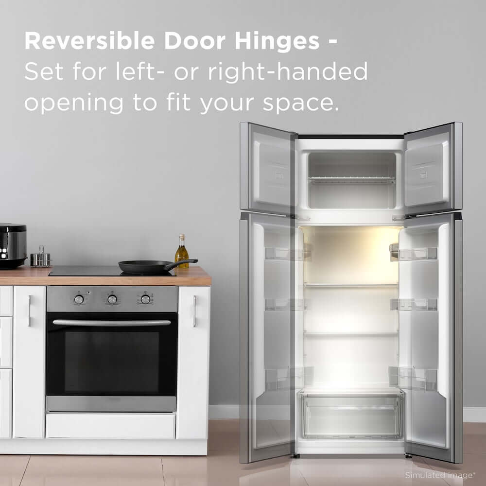 TCL 22 in. 7.3 Cu. Ft. Compact Top Freezer Refrigerator in Silver (TRT07T4AL) in a kitchen demonstrating reversible door hinges.