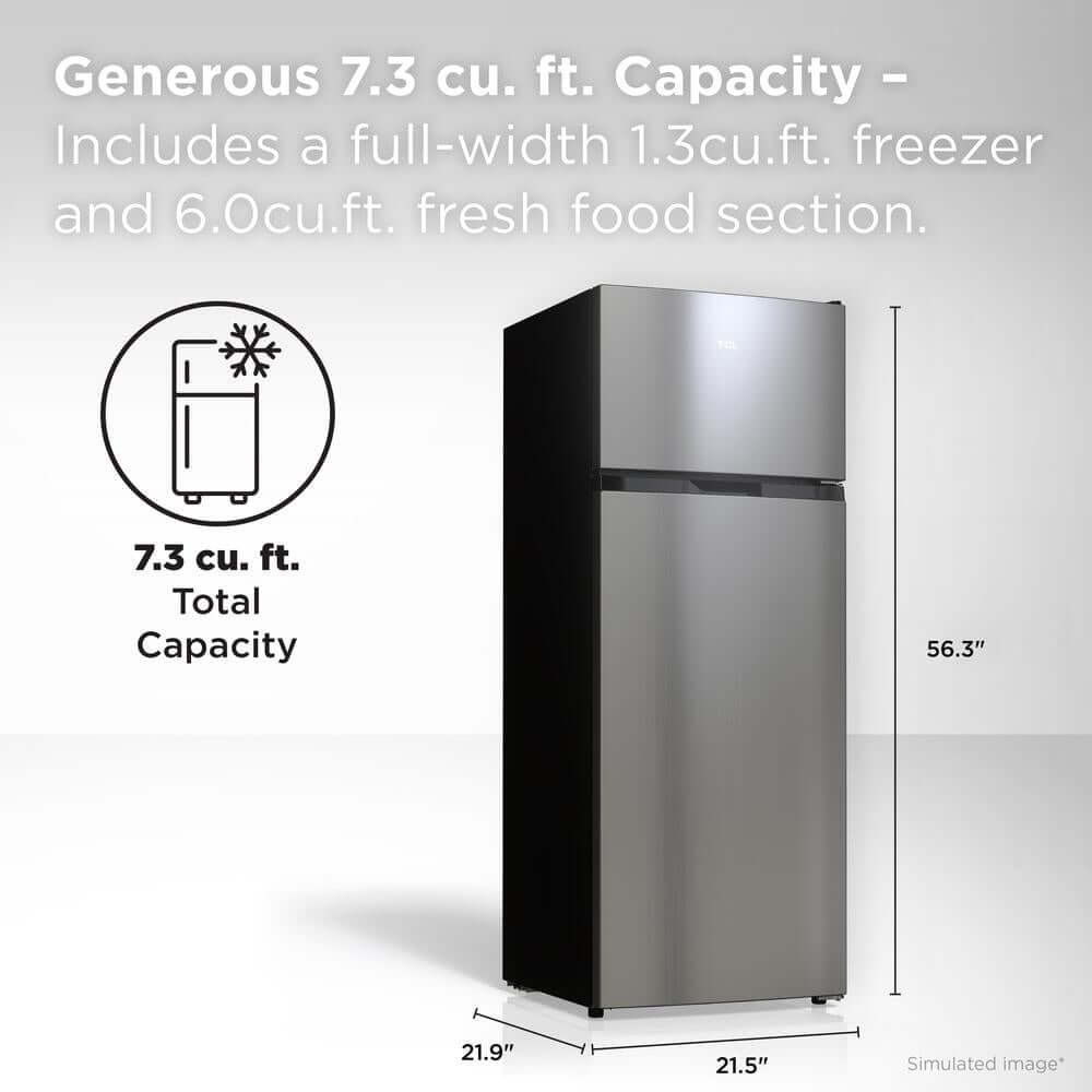 TCL 22 in. 7.3 Cu. Ft. Compact Top Freezer Refrigerator in Silver (TRT07T4AL) with capacity details on a white background