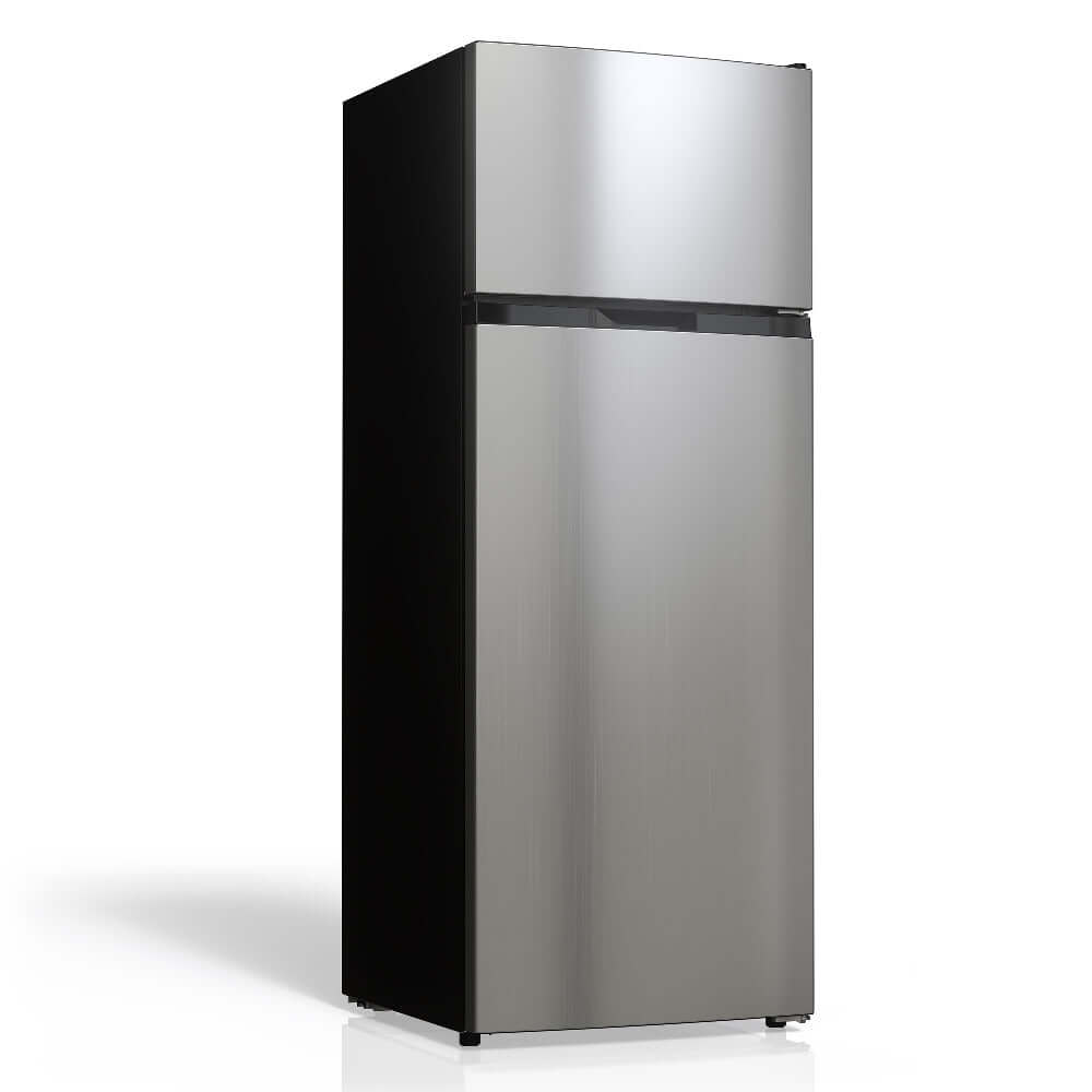 TCL 22 in. 7.3 Cu. Ft. Compact Top Freezer Refrigerator in Silver (TRT07T4AL) angled.
