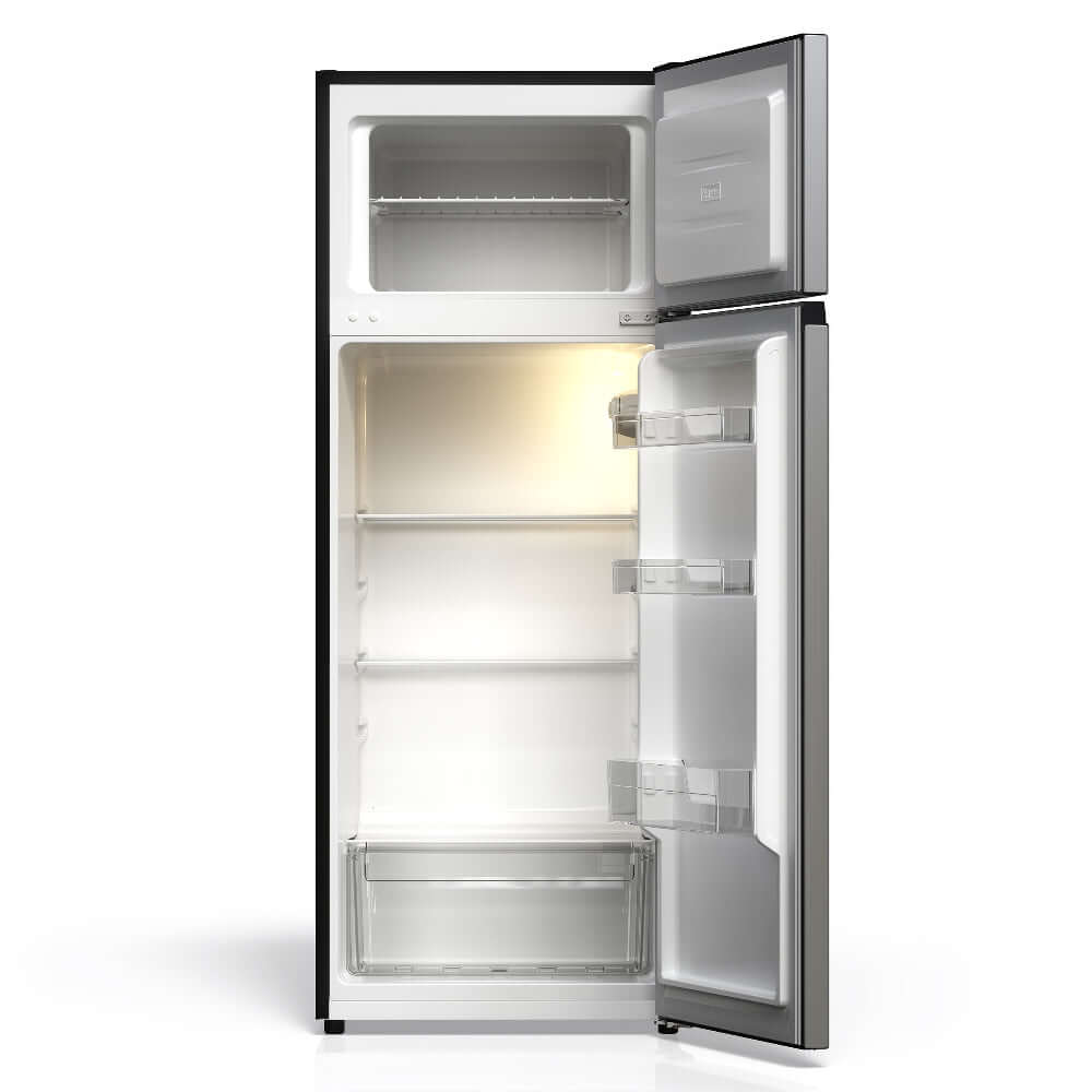 TCL 22 in. 7.3 Cu. Ft. Compact Top Freezer Refrigerator in Silver (TRT07T4AL) with open doors on a white background