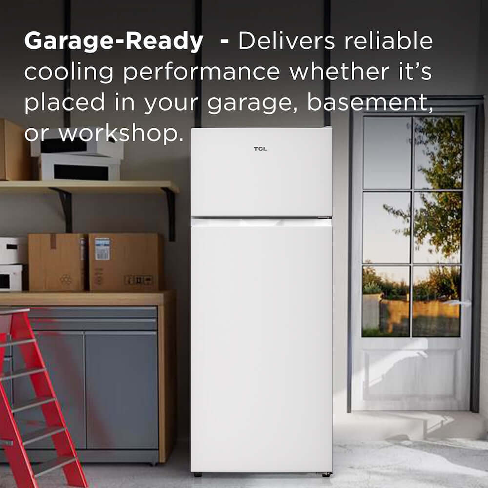 TCL 22 in. 7.3 Cu. Ft. Compact Top Freezer Refrigerator in White (TRT07T4AW) in a garage setting with text about garage-ready performance.