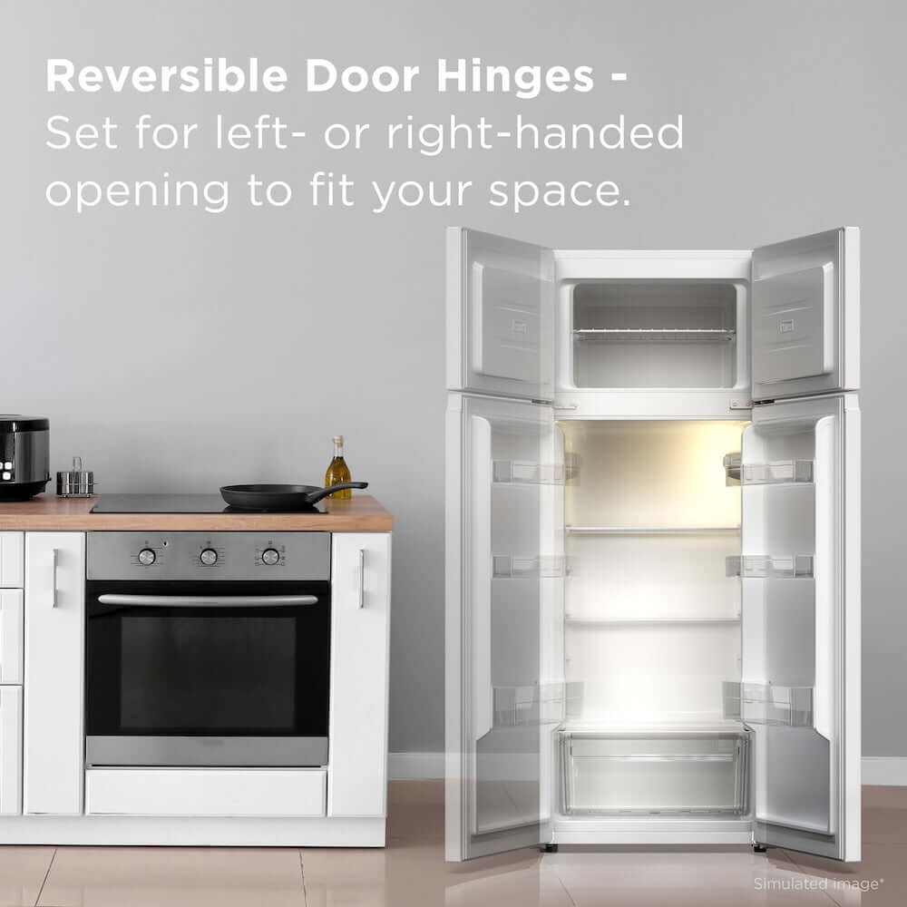 TCL 22 in. 7.3 Cu. Ft. Compact Top Freezer Refrigerator in White (TRT07T4AW) in a kitchen demonstrating reversible door hinges.