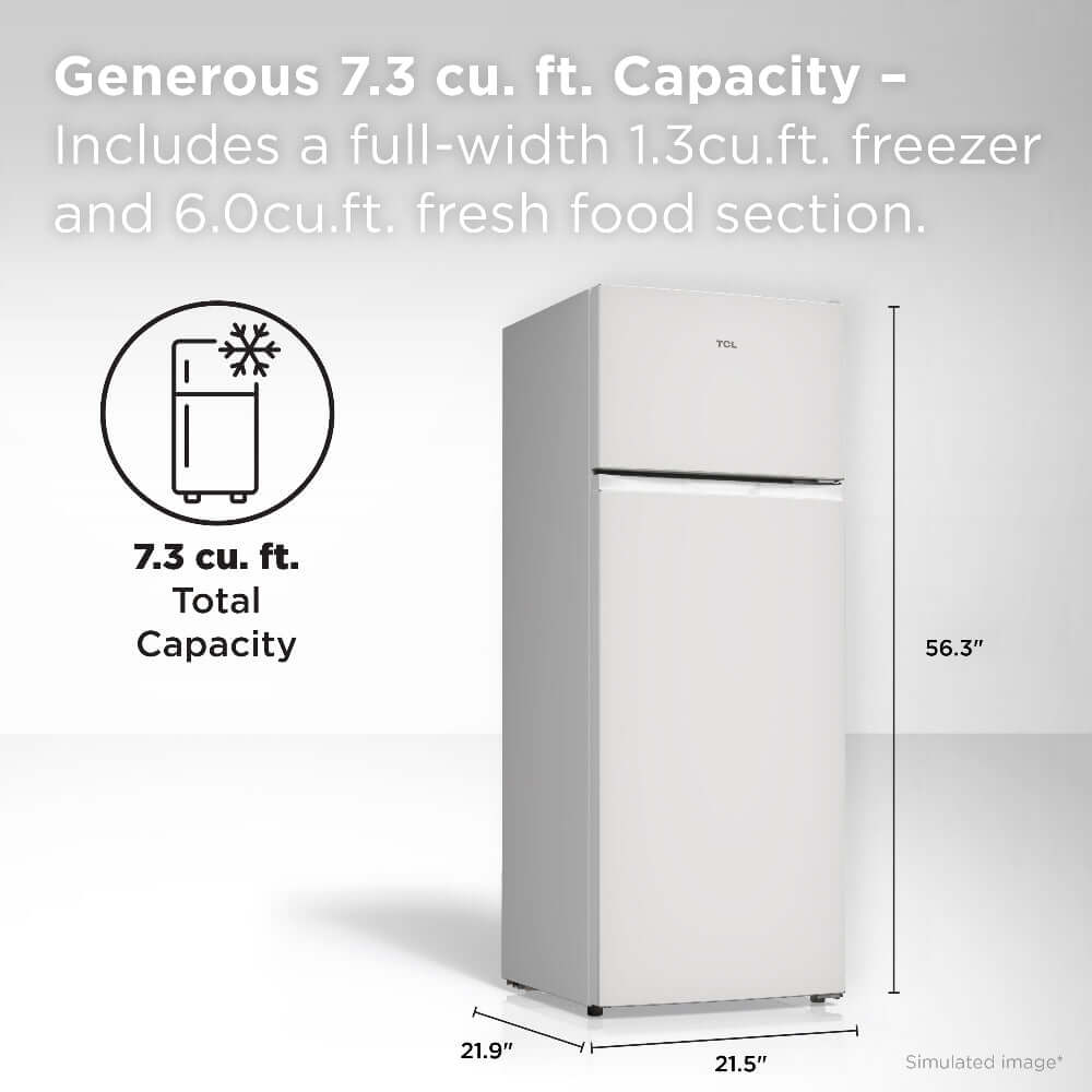 TCL 22 in. 7.3 Cu. Ft. Compact Top Freezer Refrigerator in White (TRT07T4AW) with dimensions and capacity details on a white background