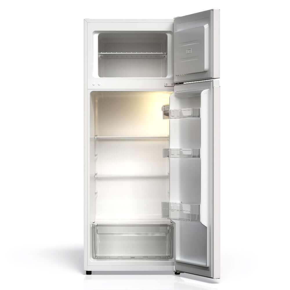 TCL 22 in. 7.3 Cu. Ft. Compact Top Freezer Refrigerator in White (TRT07T4AW) with open doors on a white background