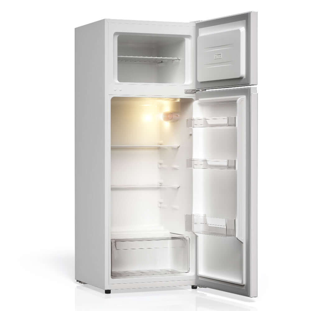 TCL 22 in. 7.3 Cu. Ft. Compact Top Freezer Refrigerator in White (TRT07T4AW) with open doors on a white background