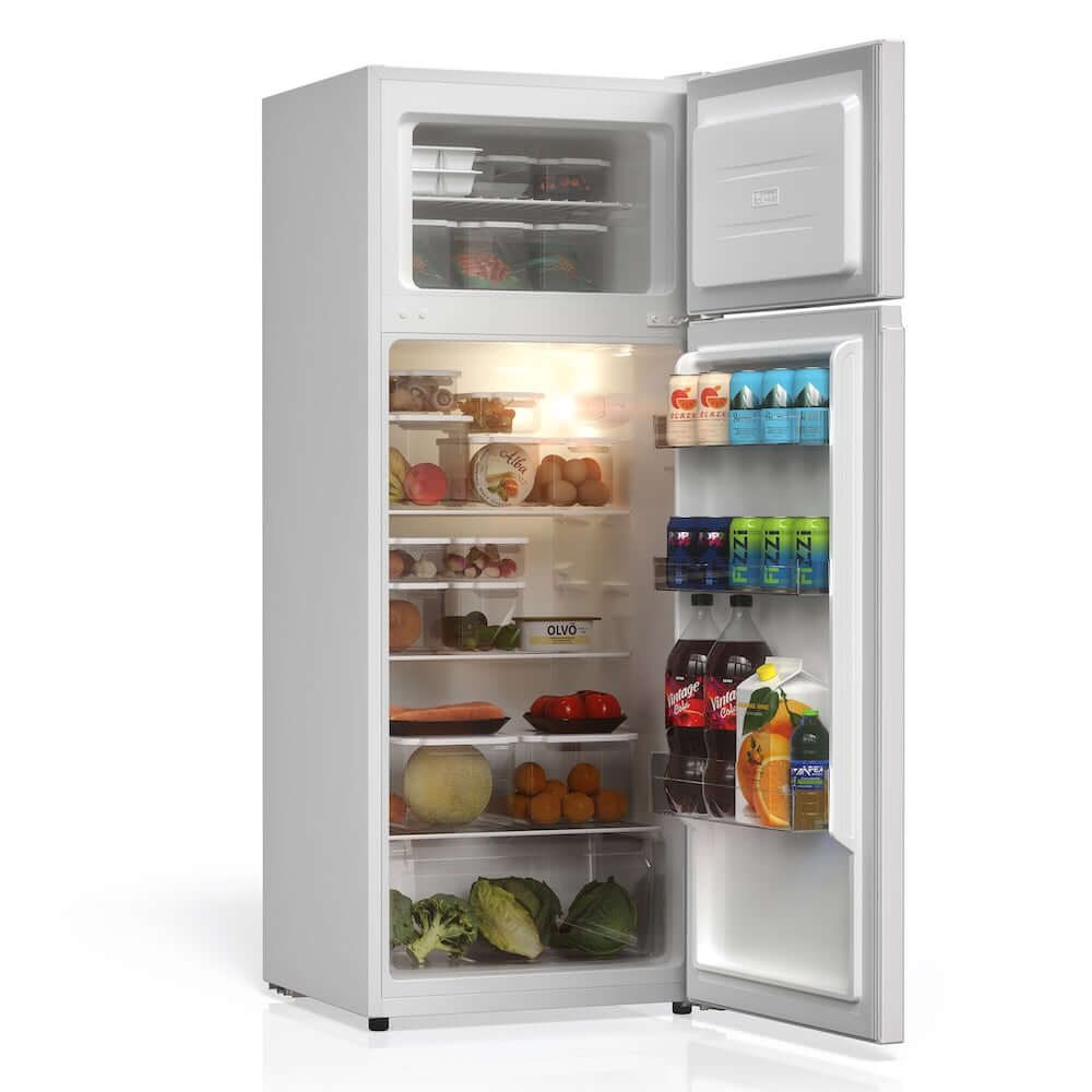 TCL 22 in. 7.3 Cu. Ft. Compact Top Freezer Refrigerator in White (TRT07T4AW) with open doors displaying food and drinks on a white background
