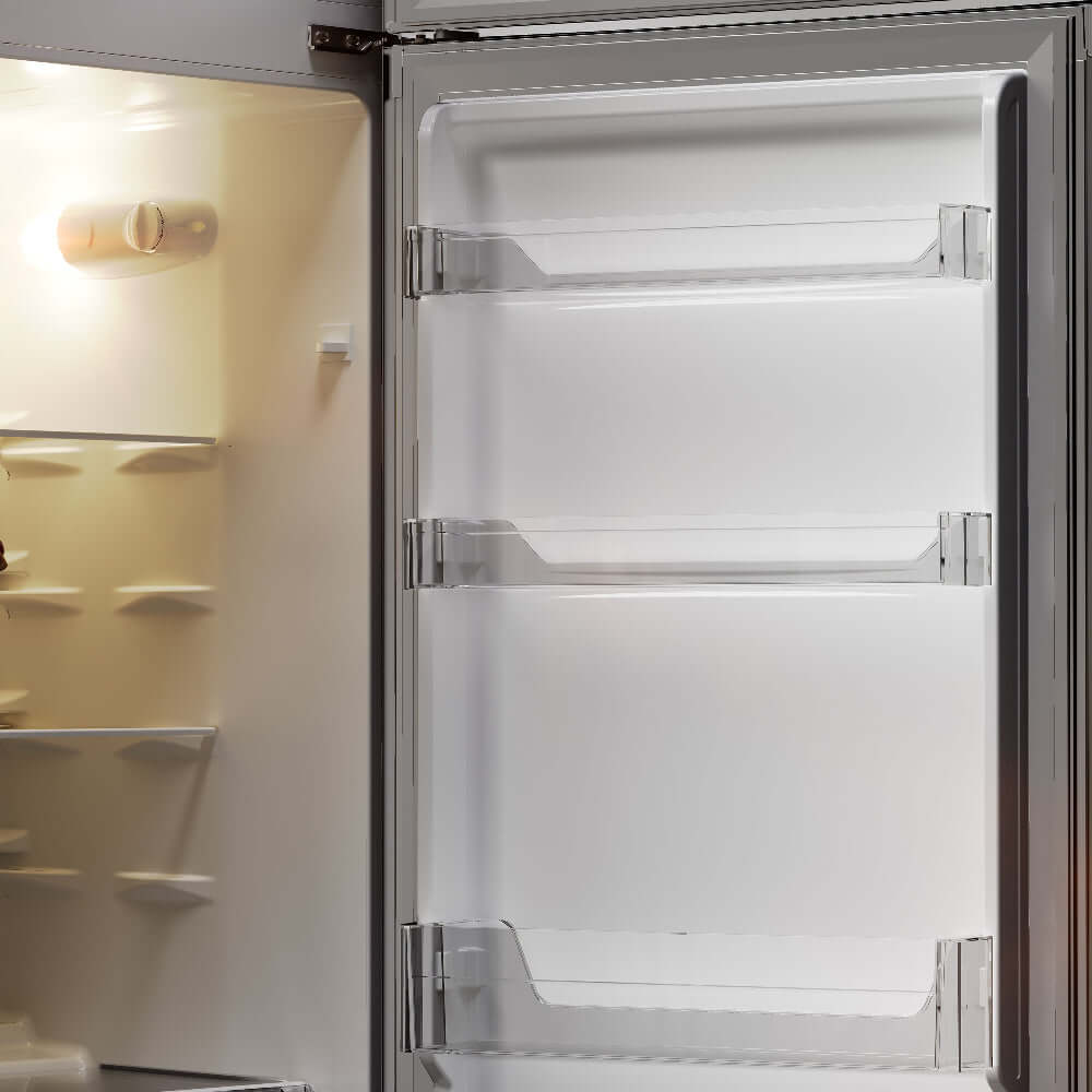 TCL 22 in. 7.3 Cu. Ft. Compact Top Freezer Refrigerator in White (TRT07T4AW) with open door showing interior shelves.