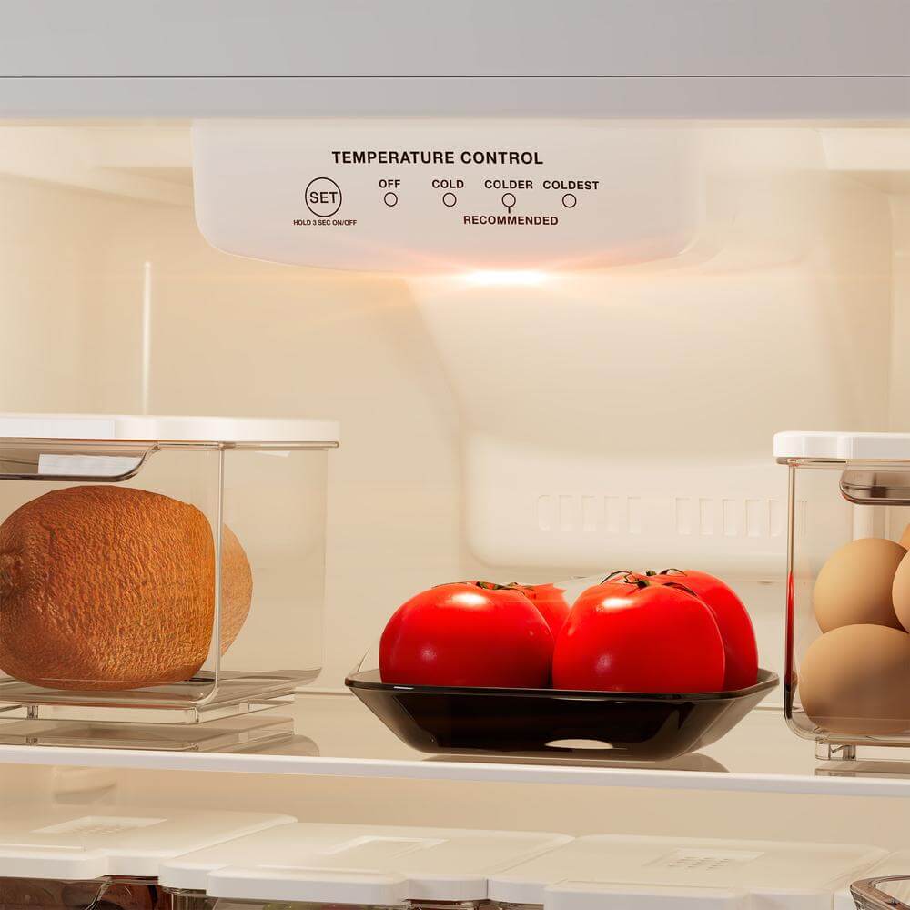 TCL 24 in. 10.1 Cu. Ft. Top Freezer Refrigerator in Black (TRT10T4AB) shelf with temperature control panel, melon, tomatoes, and eggs.