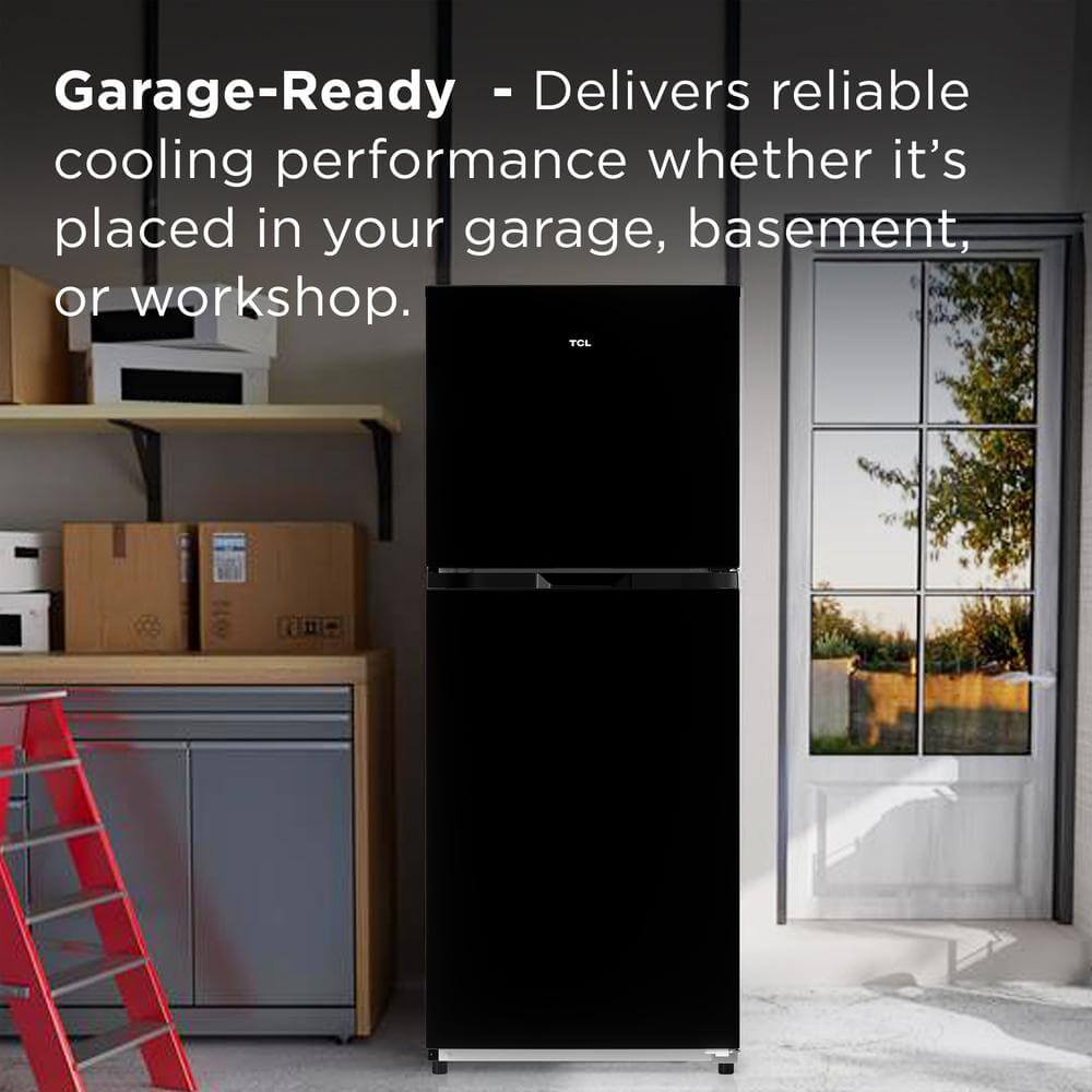 TCL 24 in. 10.1 Cu. Ft. Top Freezer Refrigerator in Black (TRT10T4AB) in a garage setting with text about its reliability in various locations.